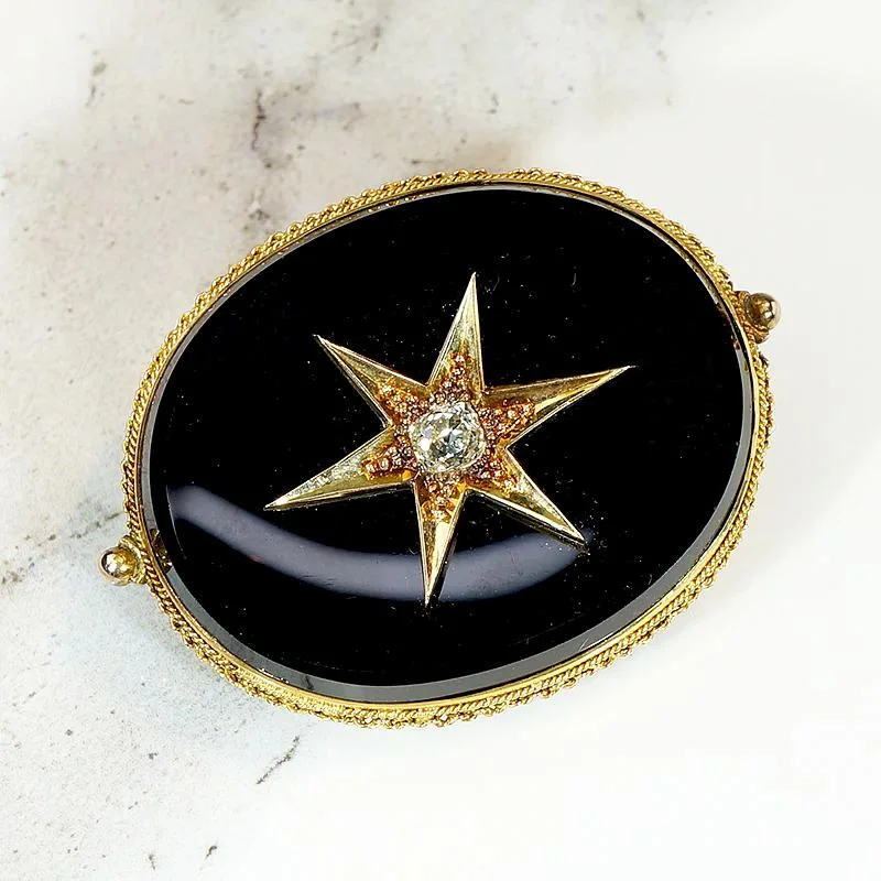 Fine Mourning Locket Brooch in 18k Onyx & Diamond