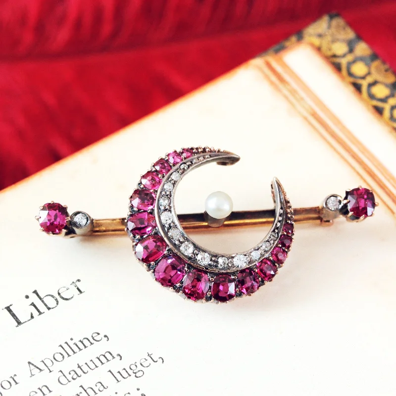 Victorian Ruby & Diamond Crescent Moon Brooch