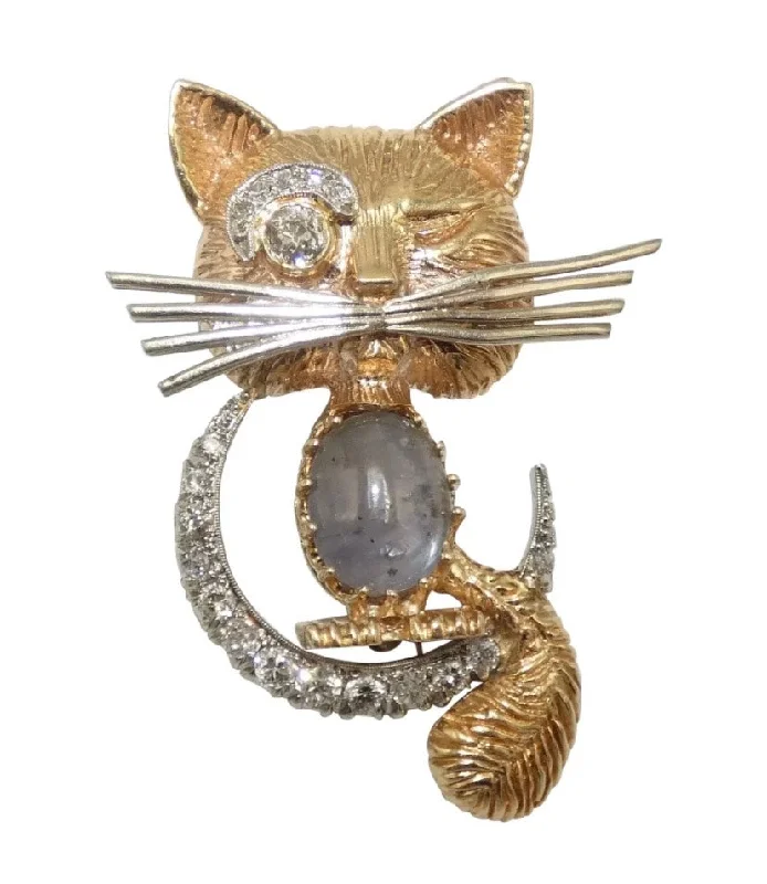 14K Yellow & Gold Winking Cat Brooch with Diamonds and Sapphire