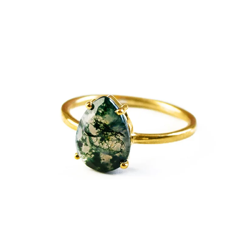 Moss Agate Teardrop Prong Set Ring • Virgo Birthstone