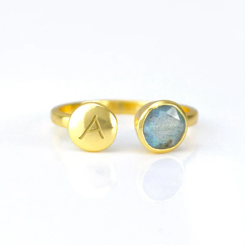 Custom Initial Adjustable Labradorite Ring, Personalized Jewelry