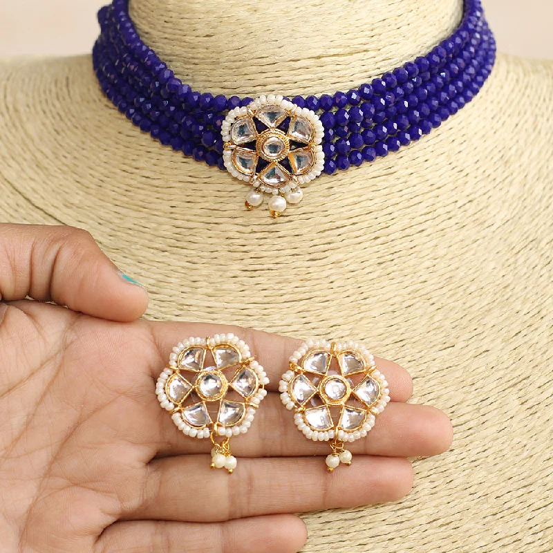 Beadsnfashion Glass Crystal Beaded Kundan Choker Set Blue