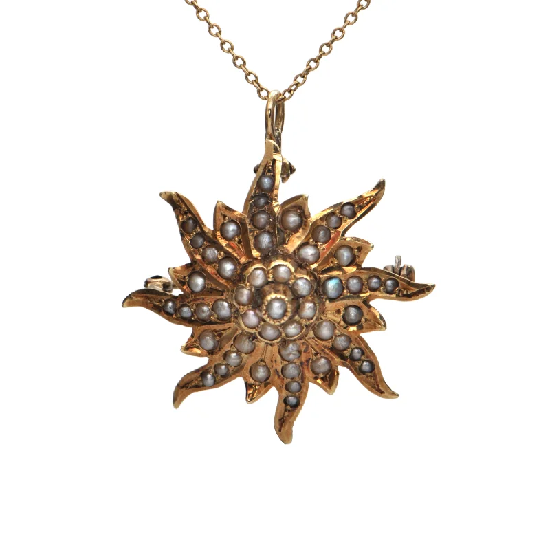 Late Victorian14K Gold and Seed Pearl Starburst Pendant/Brooch