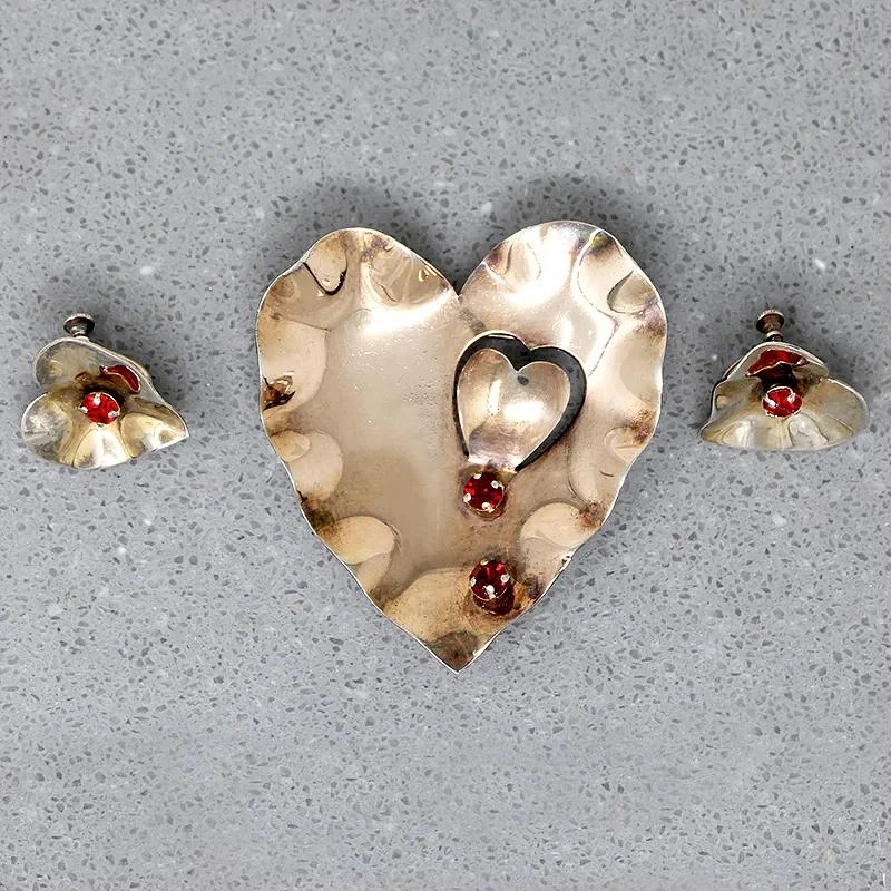 Romantic Retro Silver Gilt Heart Brooch & Earring Set