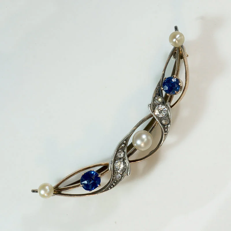 Sapphire & Pearl Spiral Crescent Moon Brooch