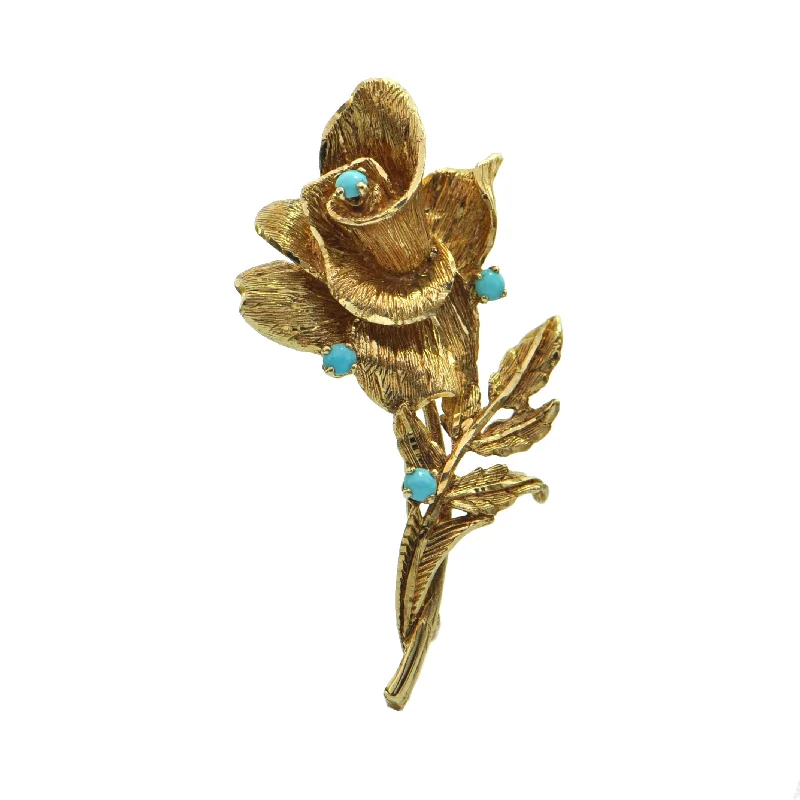 Vintage Turquoise 14K Yellow Gold Flower Brooch