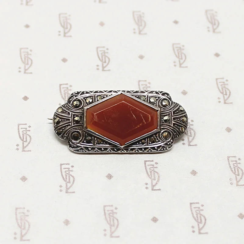 German Deco Silver Brooch with Carnelian & Marcasite