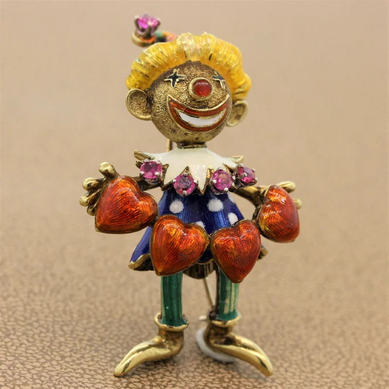 Ruby Enamel Gold Jester Brooch