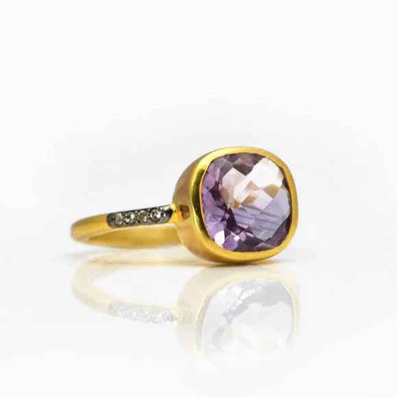 Purple Amethyst Pave Cushion Ring - February Birthstone