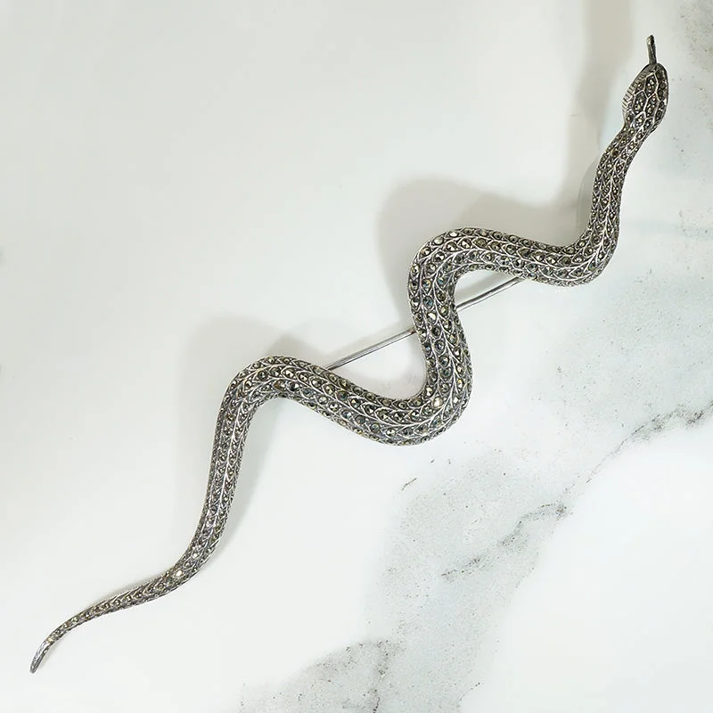 Oversized Sterling Silver & Marcasite Snake Brooch