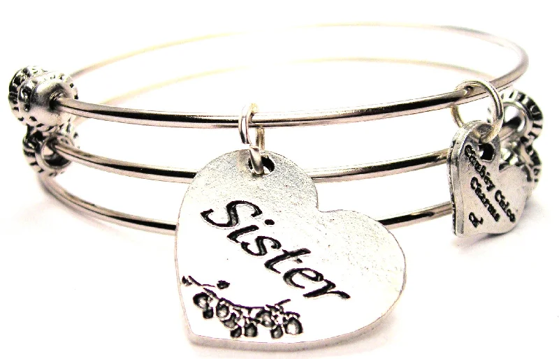 Sister Heart Triple Style Expandable Bangle Bracelet