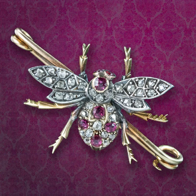 Antique Victorian Ruby Diamond Bee Bar Brooch 18ct Gold Silver