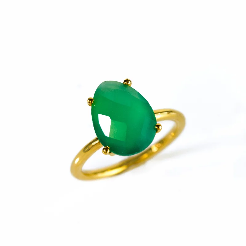 Green Onyx Teardrop Prong Set Ring • May Birthstone