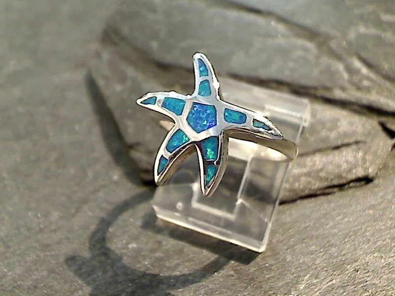 Size 6 Lab Created Opal, Sterling Silver Starfish Ring