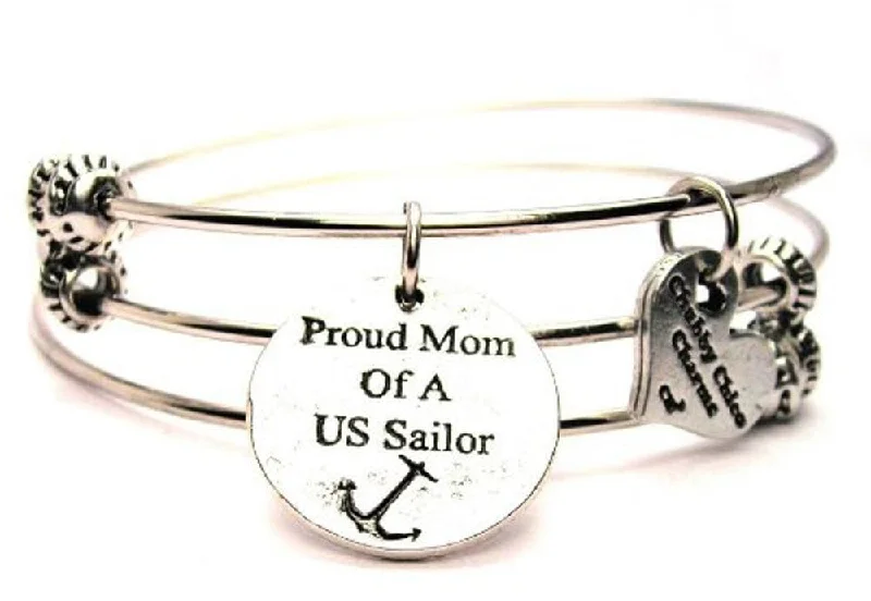 Proud Mom of a US Sailor Triple Style Expandable Bangle Bracelet