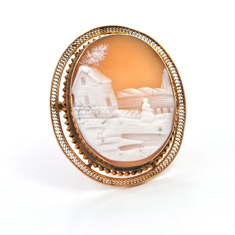 Vintage Scenic Shell Cameo Brooch/Pendant 10k Yellow Gold