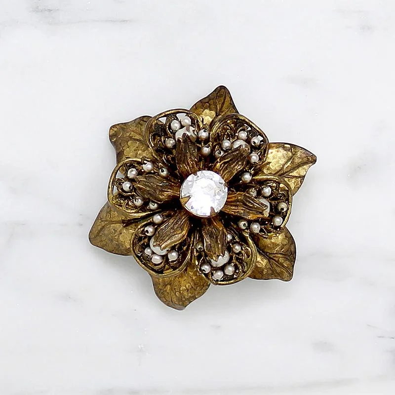 Miriam Haskell Brass Filigree Flower Brooch