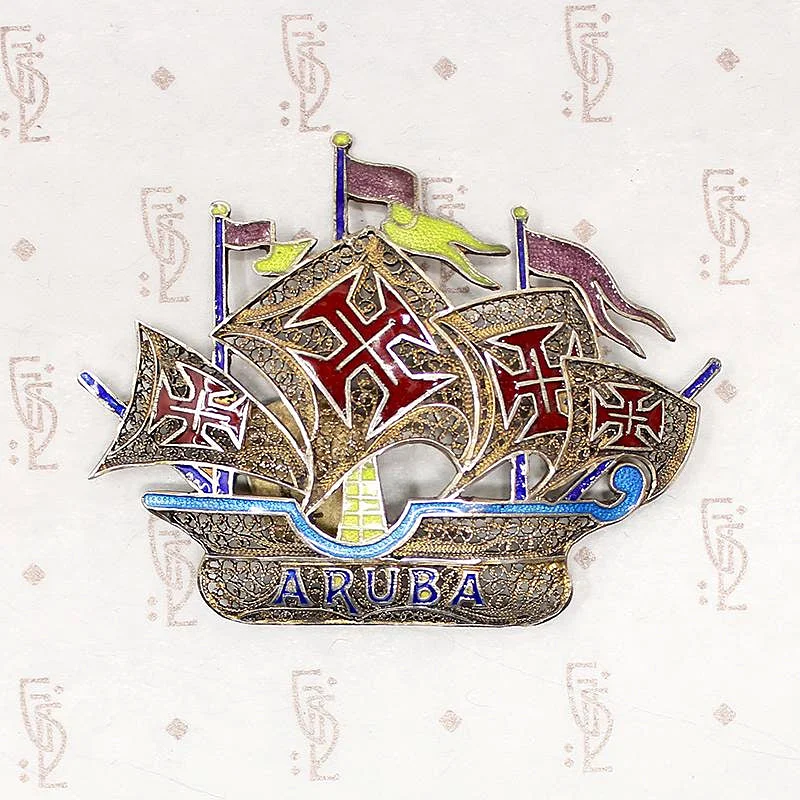 Silver Gilt Filigree Souvenir "Aruba" Ship Brooch