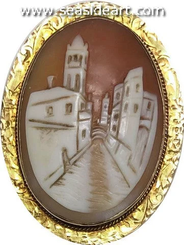 Antique Lady's Shell Cameo Brooch/Pendant-Village Street Scene