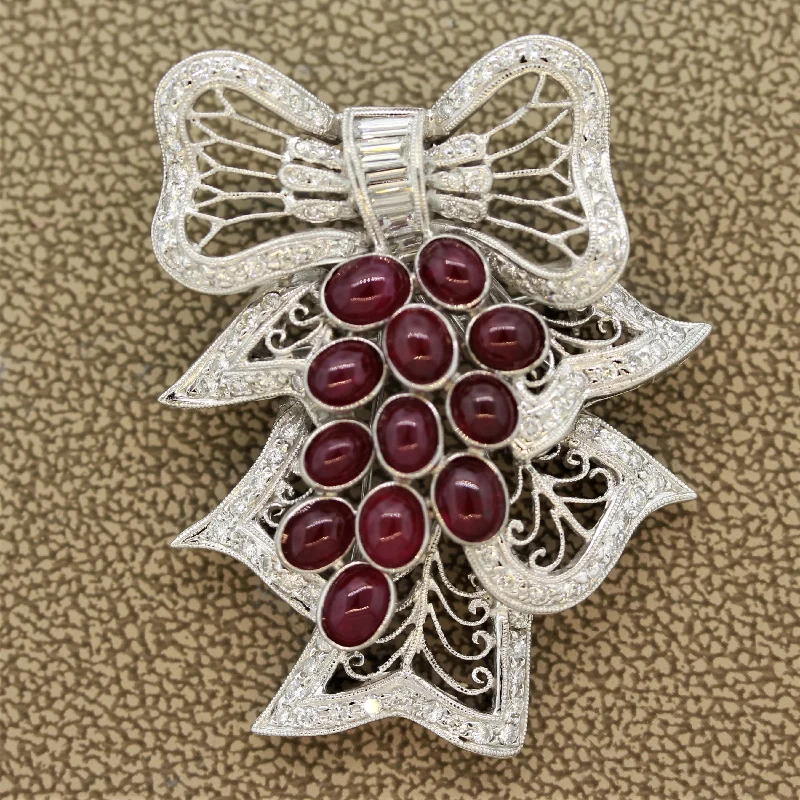 Diamond Ruby Gold Mistletoe Brooch