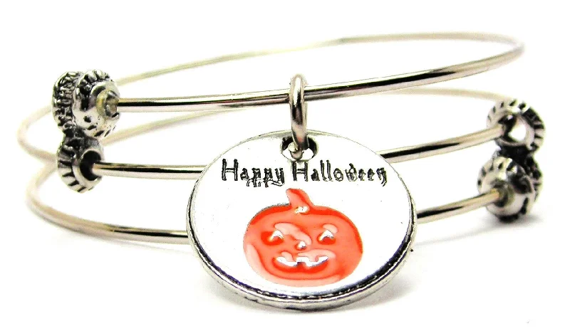 Hand Painted Happy Halloween Circle Triple Style Expandable Bangle Bracelet