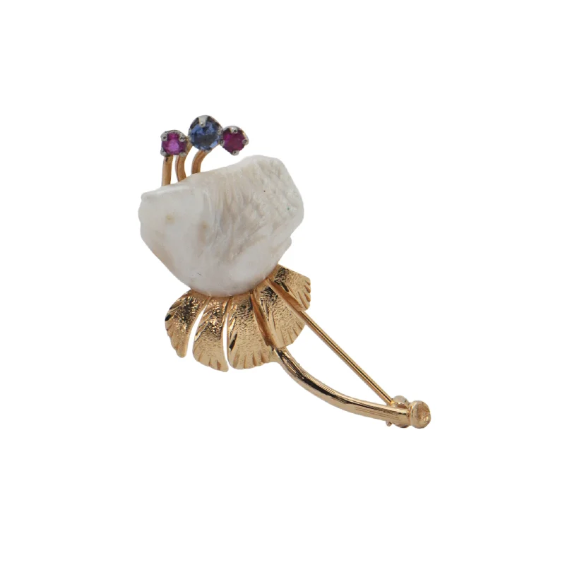 Vintage Natural Pearl, Ruby and Sapphire Gold Flower Brooch