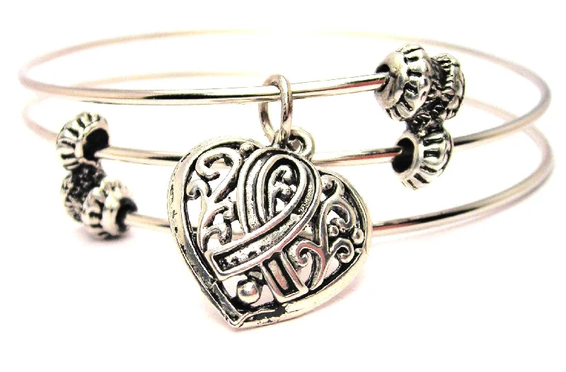 Lace Heart Awareness Ribbon Triple Style Expandable Bangle Bracelet