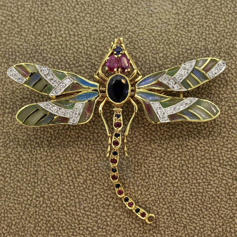 Plique-a-Jour Enamel Diamond Sapphire Ruby Gold Dragonfly Brooch