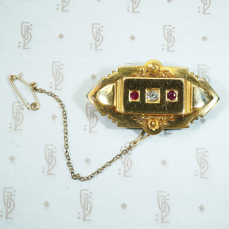 OMC Diamond and Ruby Set English Locket Brooch