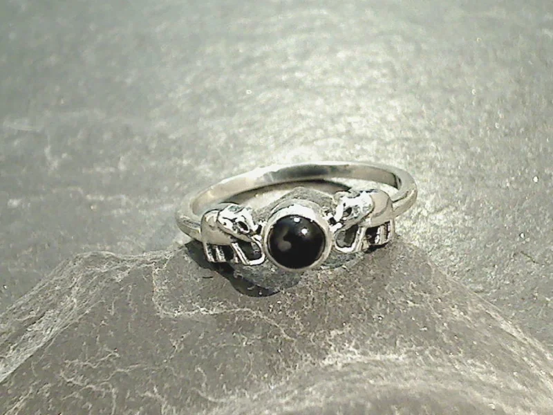 Size 5 Black Onyx, Sterling Silver Elephants Ring