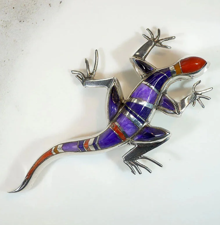 Lively Lizard Silver & Stone Inlay Brooch by D. Romero