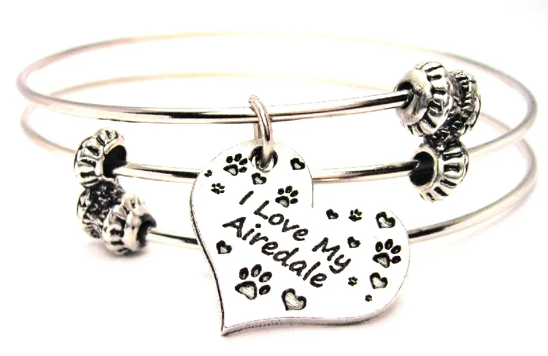 I Love My Airedale Heart Triple Style Expandable Bangle Bracelet