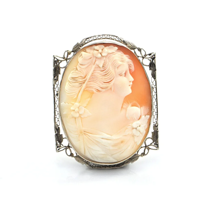 Vintage 14K White Gold Shell Cameo Brooch/Pendant of Woman