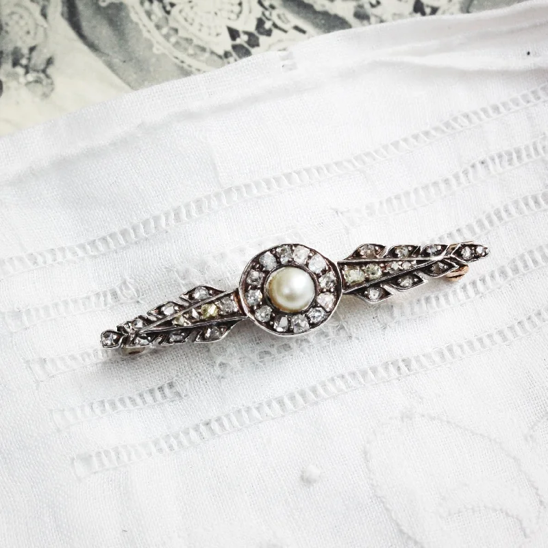 Blessed Antique Diamond and Natural Pearl Bar Brooch