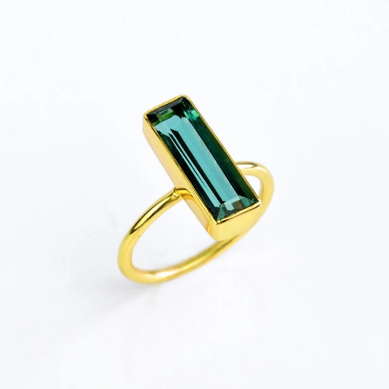 Green Tourmaline Bar Ring, Unique Geometric Ring