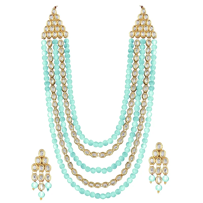 Etnico 18K Gold Plated Kundan & Pearl Beaded Multi Strand Necklace Jewellery Set For Women (IJ318SB)