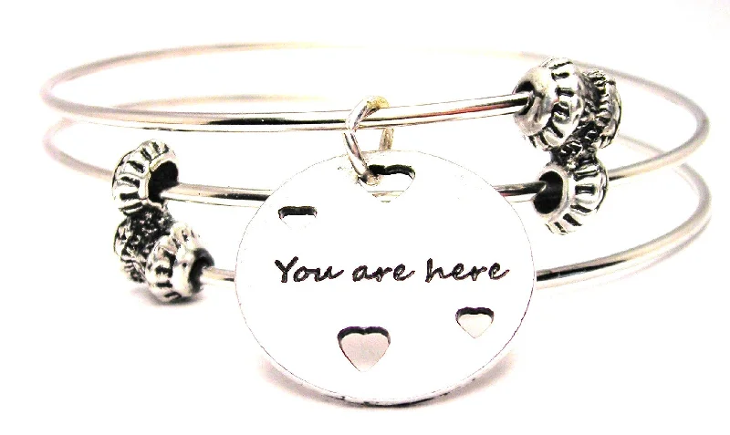 You Are Here With Hearts Triple Style Expandable Bangle Bracelet