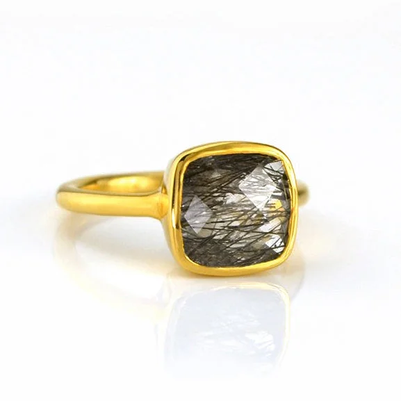 Black Rutilated Quartz Cushion Bezel Ring