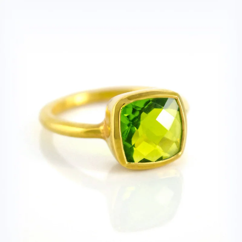 Peridot Cushion Bezel Ring : August Birthstone