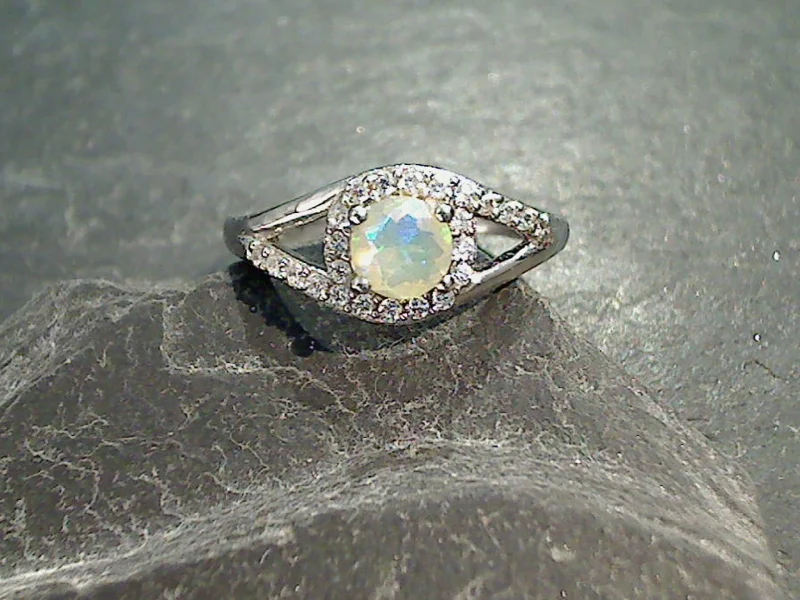 Size 7 Ethiopian Opal, CZ, Rhodium Plated Sterling Silver Ring