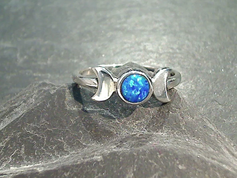 Size 7.5 Lab Created Opal, Sterling Silver Moons Ring