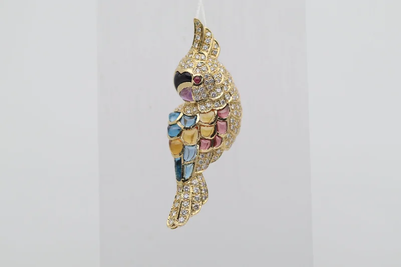 Diamond Onyx Multicolor Gemstone Gold Toucan Pendant Brooch