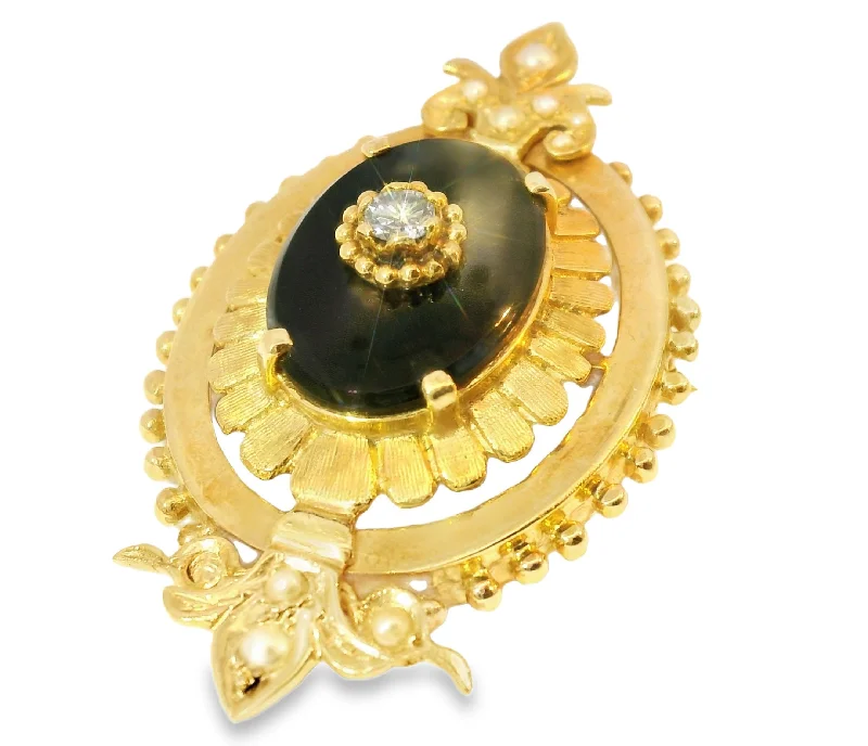 Magnificent Victorian 14K Yellow Gold Onyx Diamond Seed Pearl Pendant Brooch Pin