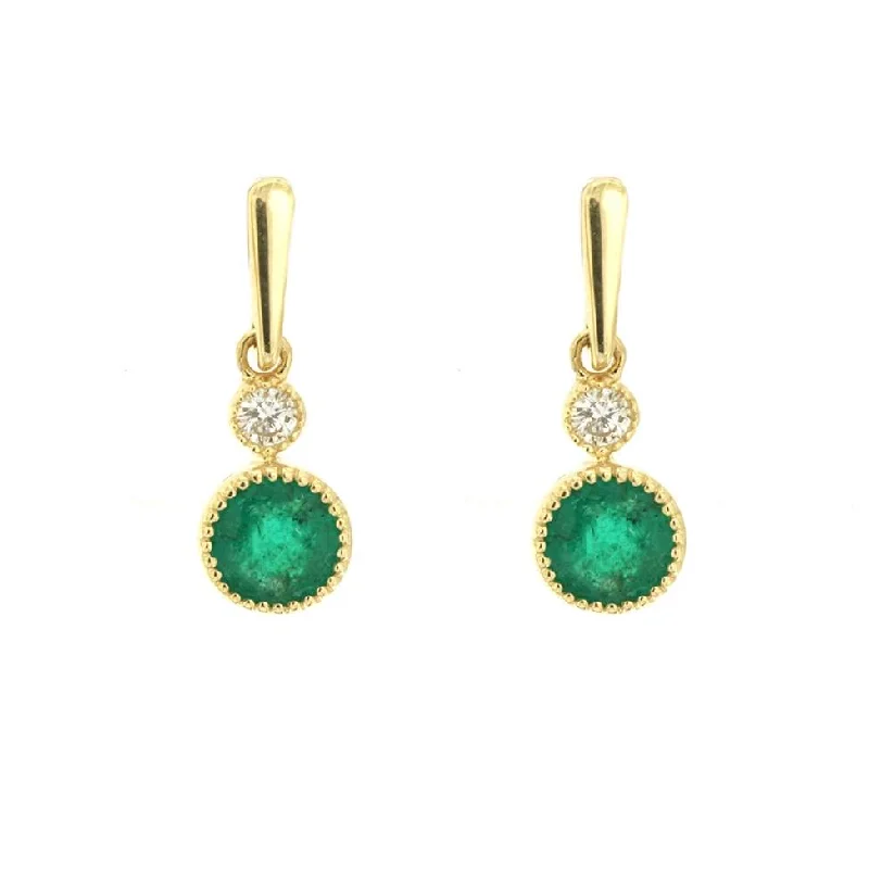 Round Emerald and Diamond Bezel Set Dangle Drop Earrings Earrings in Yellow Gold