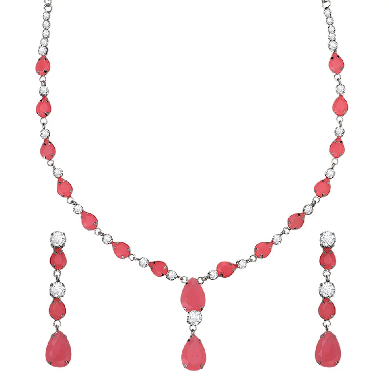 Mahi Rhodium Plated Cute & Delicate Pink Crystals Necklace Set for Women (NL1103805RPin)