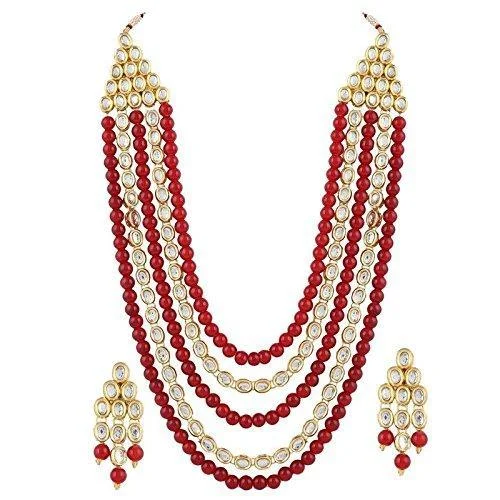 Etnico 18K Gold Plated Kundan & Pearl Beaded Multi Strand Necklace Jewellery Set For Women (IJ318M)