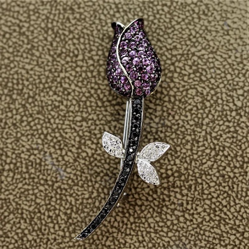 Pink Sapphire Black & White Diamond Gold Flower Pin Brooch