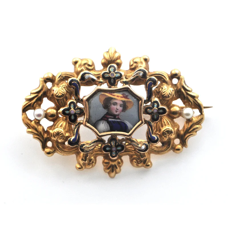 Vintage 18K Yellow Gold and Enamel Brooch with Seed Pearl